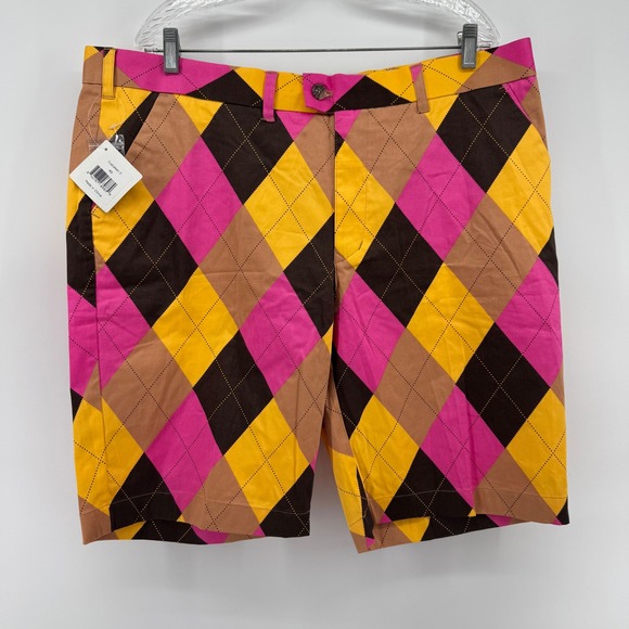 Loudmouth Golf Shorts Men's Size 40 Argyle Pattern Pink Yellow Brown - Picture 2 of 8